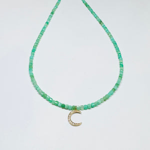 delicate block chrysoprase necklace with diamond moon charm