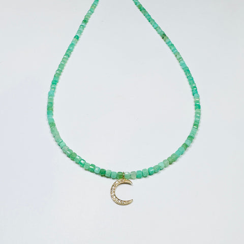 delicate block chrysoprase necklace with diamond moon charm