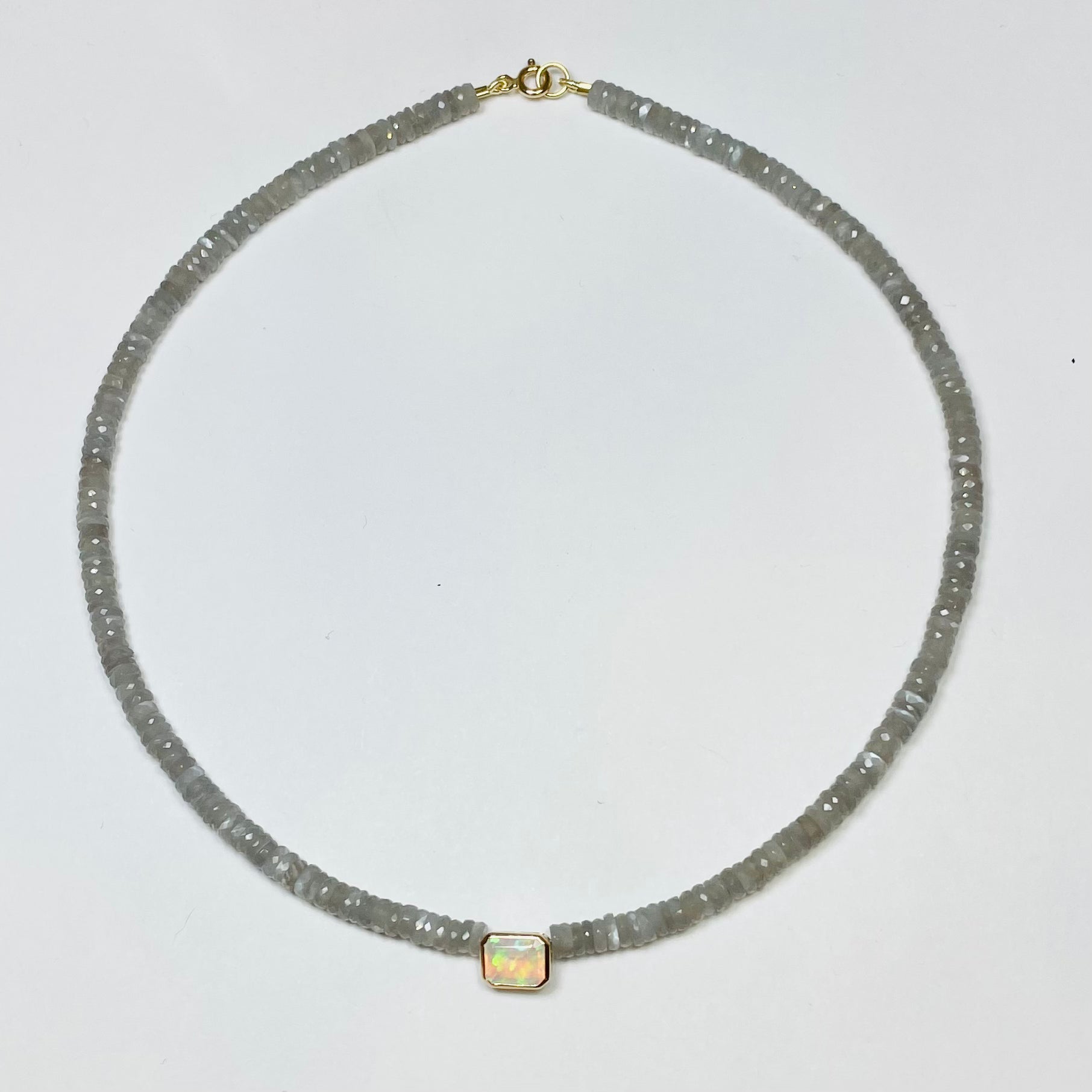 gray moonstone heishi necklace with bezel opal