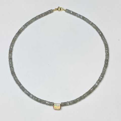 gray moonstone heishi necklace with bezel opal
