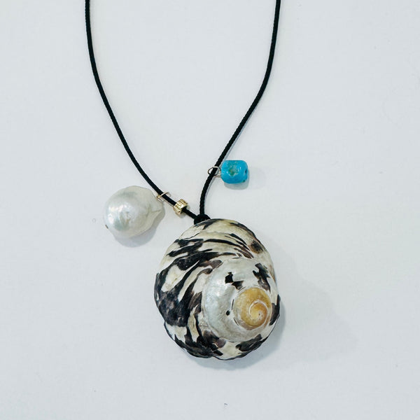 Kumihimo silk cord charm necklace, teal with turquoise, pearl, and moon snail