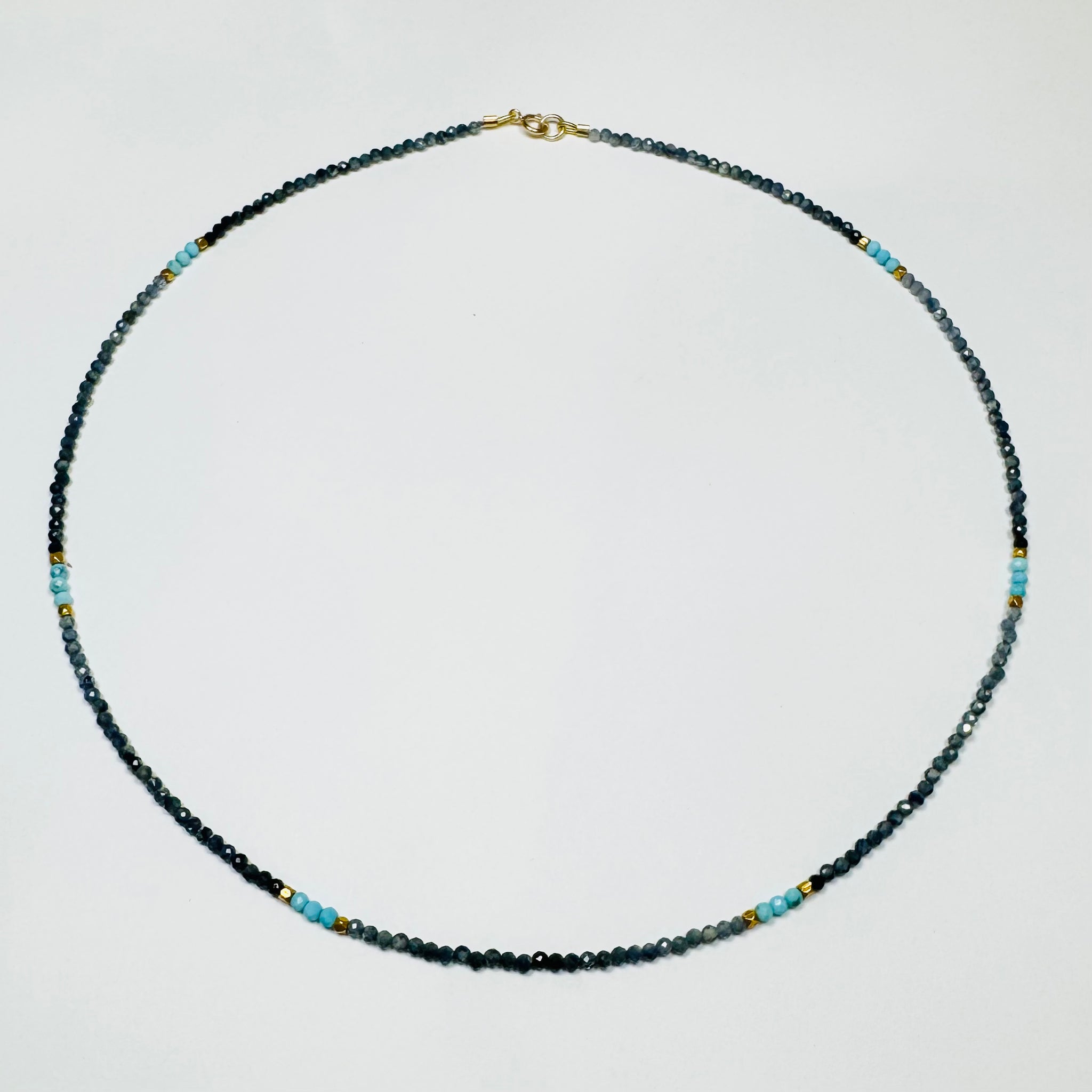 delicate blue sapphire necklace with turquoise and gold nuggets