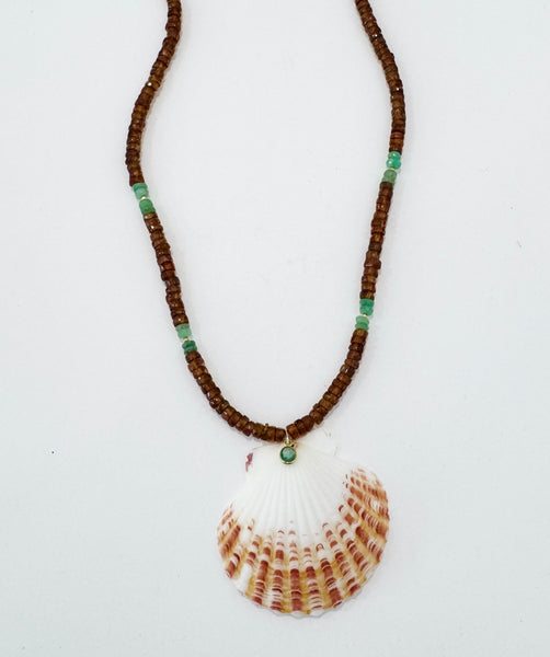 Hessonite garnet and chrysoprase tourmaline necklace with shell pendant