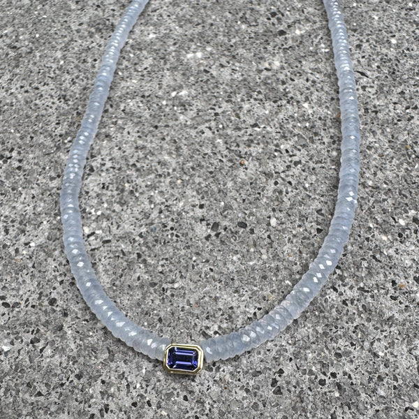 lavender chalcedony heishi necklace with bezel set iolite