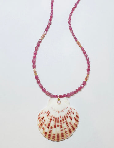 pink sapphire and rhodochrosite necklace with shell pendant