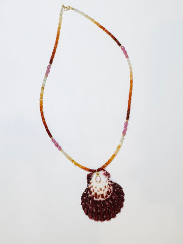 fire opal and pink sapphire necklace with shell pendant