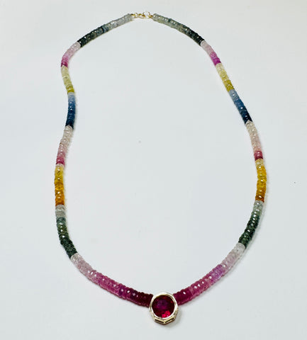 sapphire heishi necklace with ruby