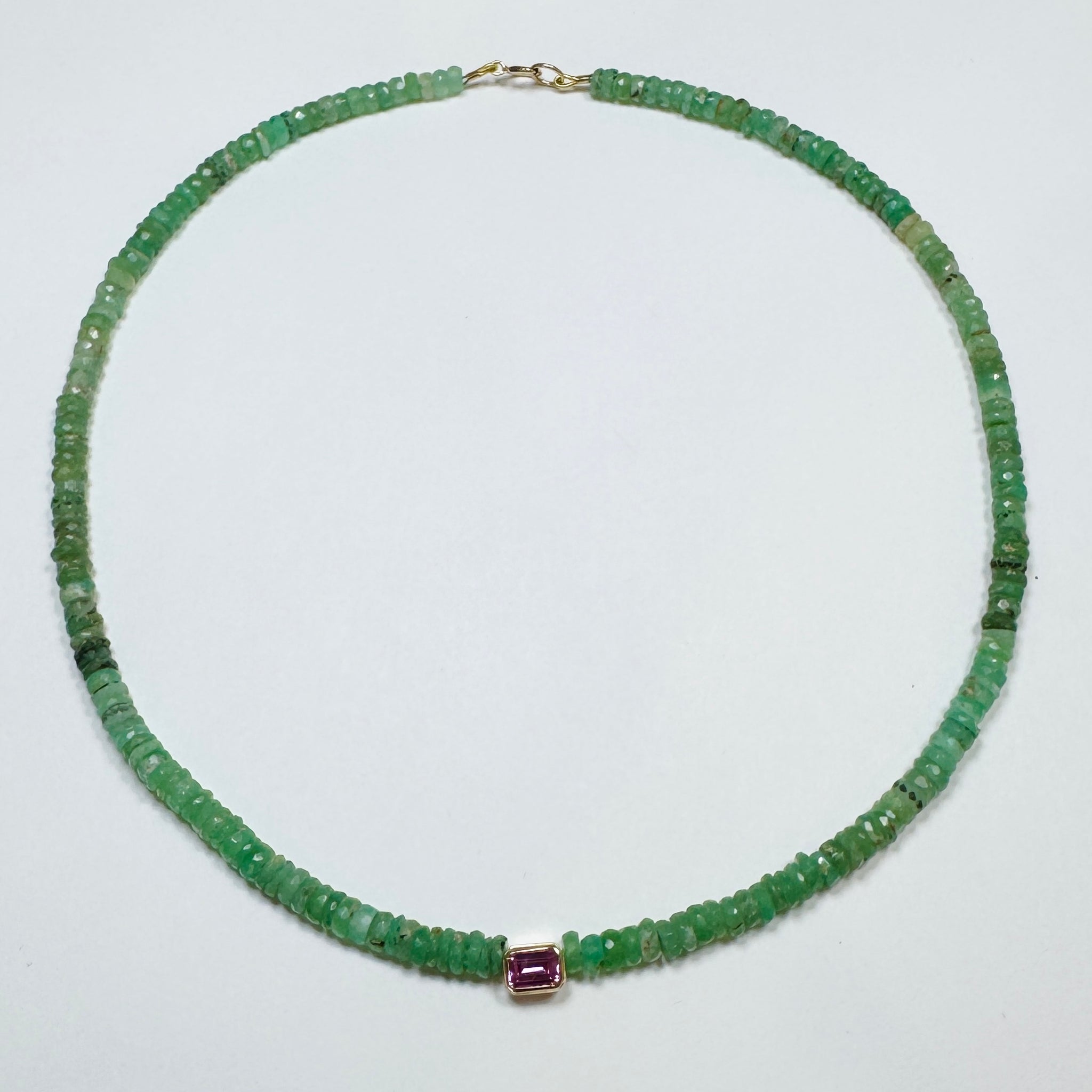 chrysoprase heishi necklace with bezel set pink tourmaline