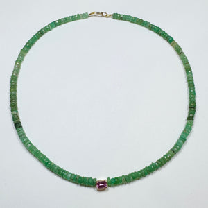 chrysoprase heishi necklace with bezel set pink tourmaline
