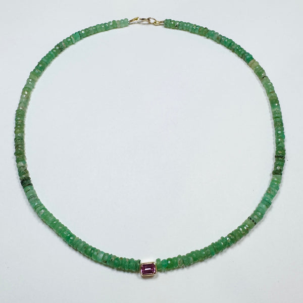 chrysoprase heishi necklace with bezel set pink tourmaline