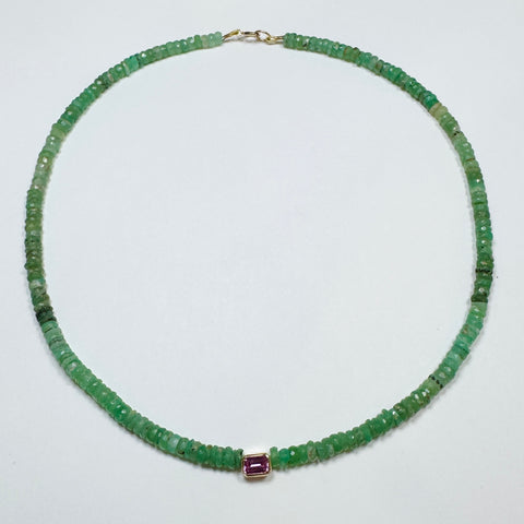 chrysoprase heishi necklace with bezel set pink tourmaline