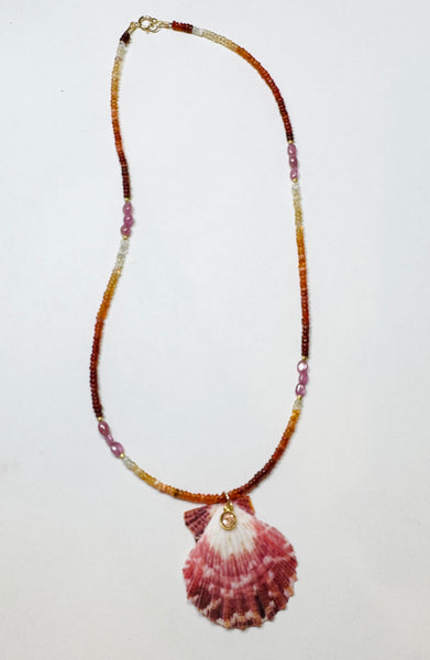 fire opal and pink sapphire necklace with shell pendant