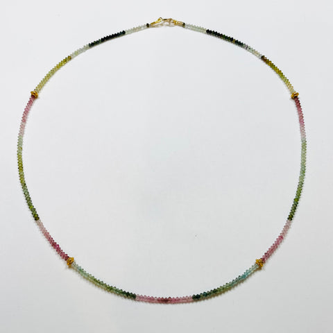 delicate watermelon tourmaline with 14 k gold beads