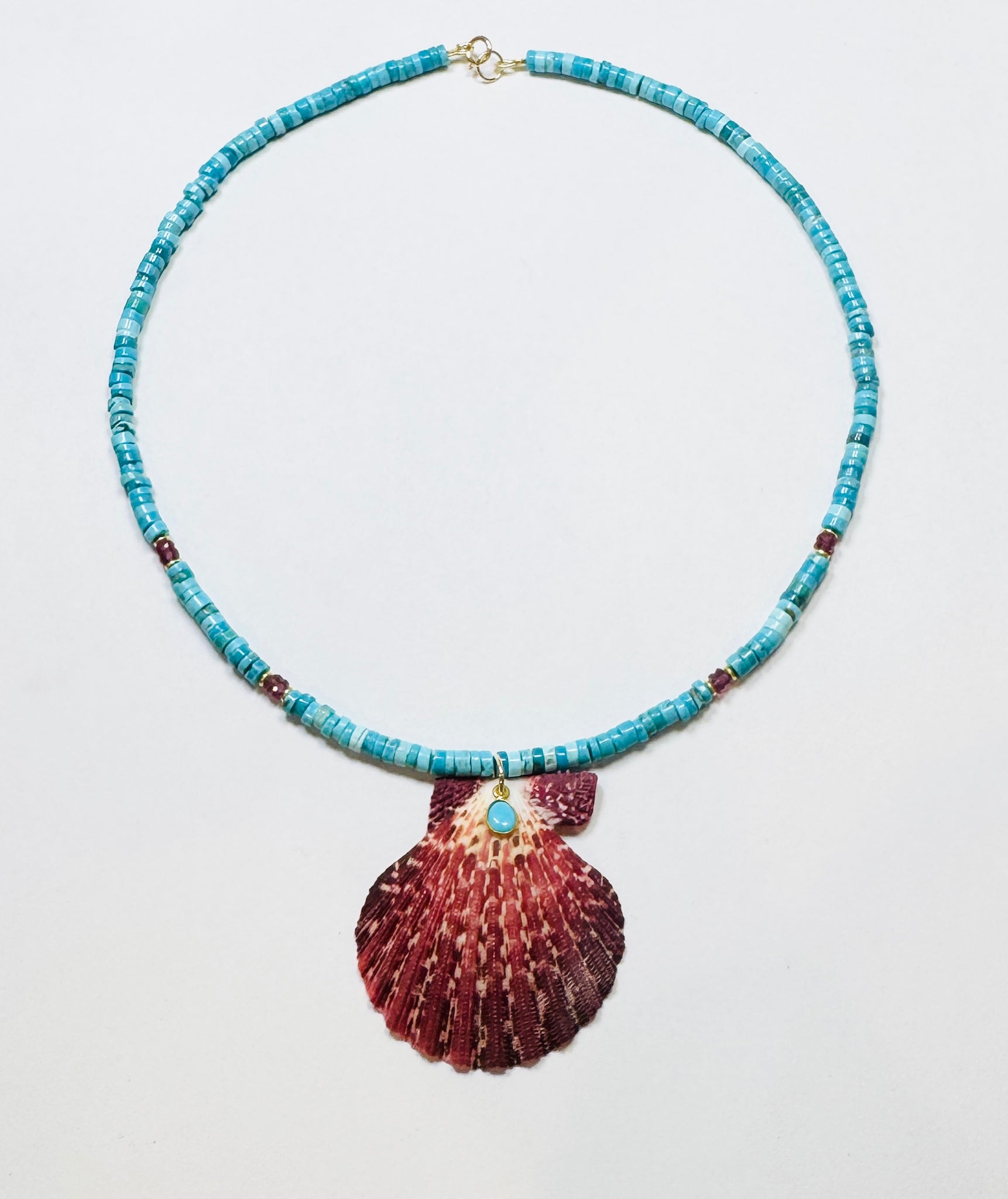 turquoise and strawberry quartz necklace with shell pendant