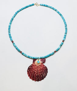 turquoise and strawberry quartz necklace with shell pendant