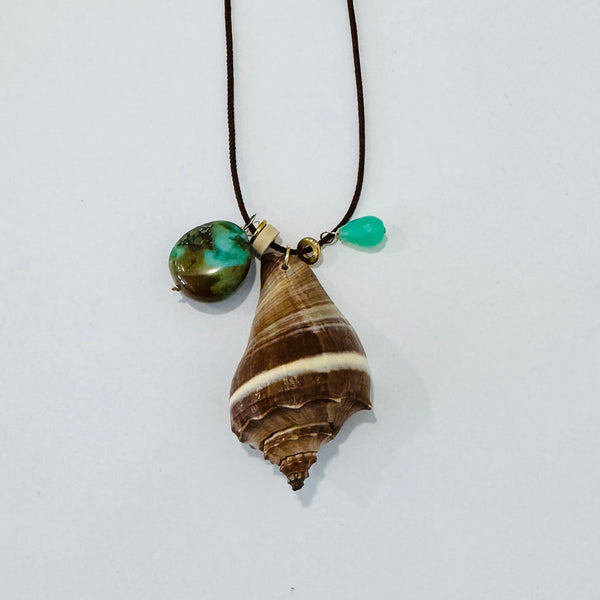 Kumihimo silk cord charm necklace, brown with chrysoprase, turquoise, and crown conch