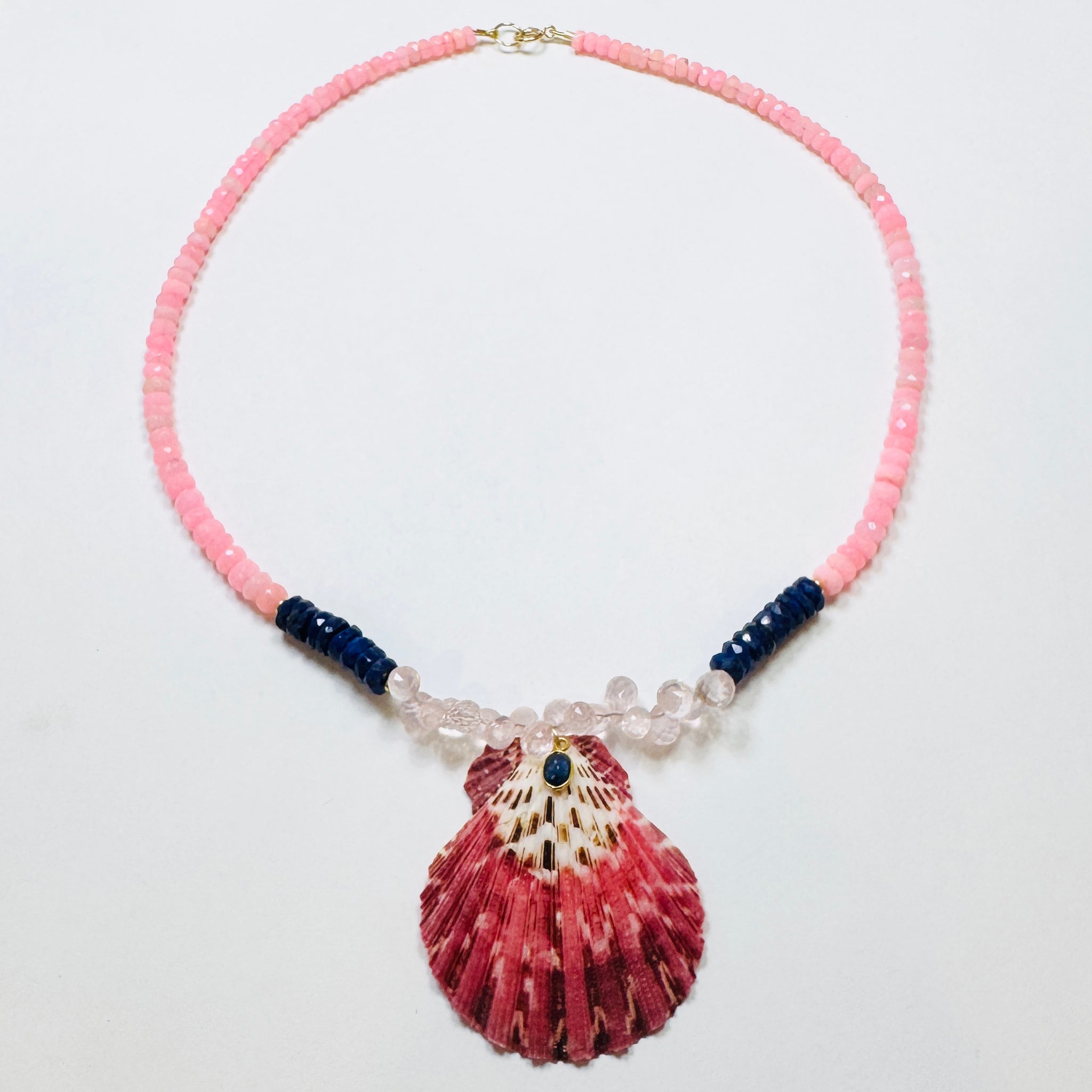 pink ice opal and lapis necklace with shell pendant