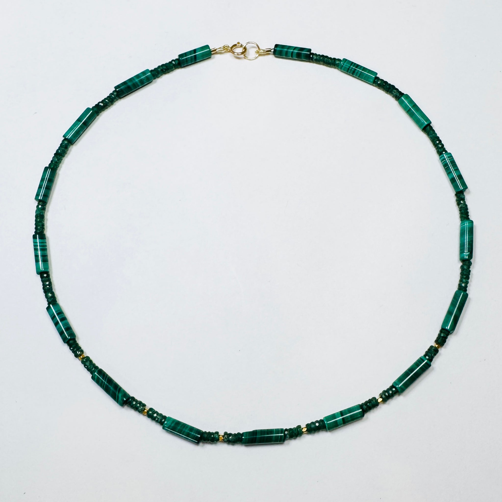 tube malachite and aventurine necklace with gold nuggets