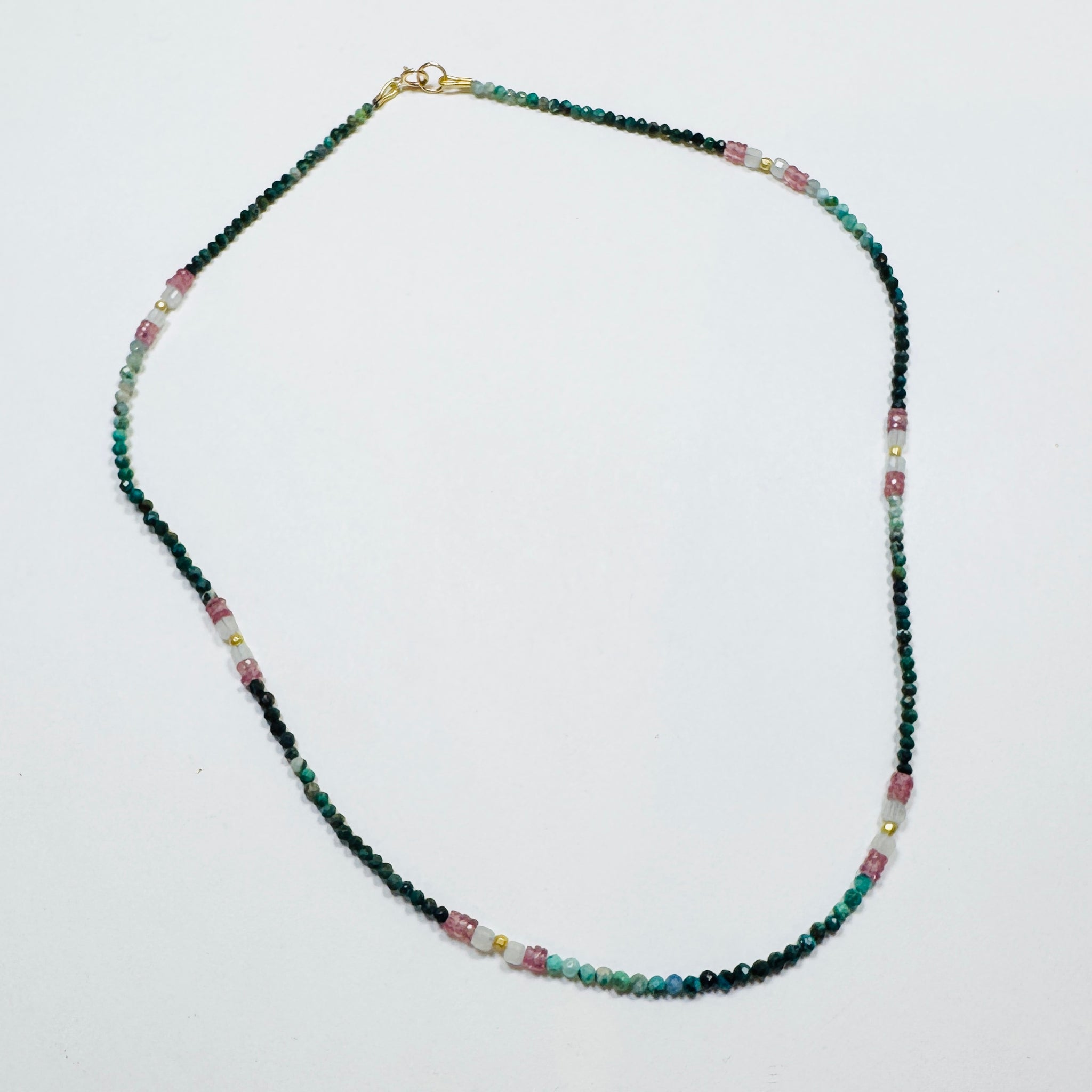 delicate chrysocola necklace with strawberry sapphire and gold nuggets