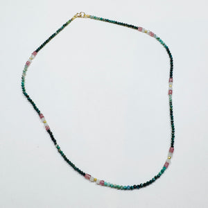 delicate chrysocola necklace with strawberry sapphire and gold nuggets