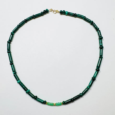 tube malachite necklace with chrysoprase and diamond bead