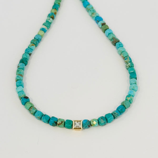 turquoise cube necklace with square diamond