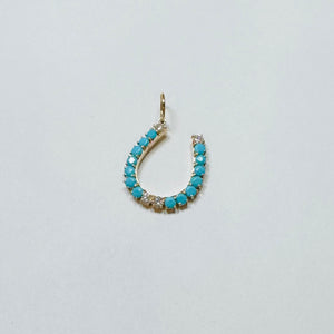 turquoise and diamond prong set horseshoe pendant, 1 inch