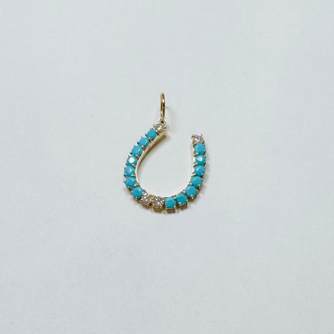 turquoise and diamond prong set horseshoe pendant, 1 inch
