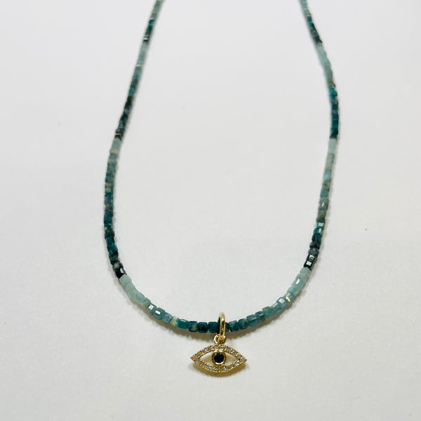 delicate block sapphire block necklace with evil eye charm