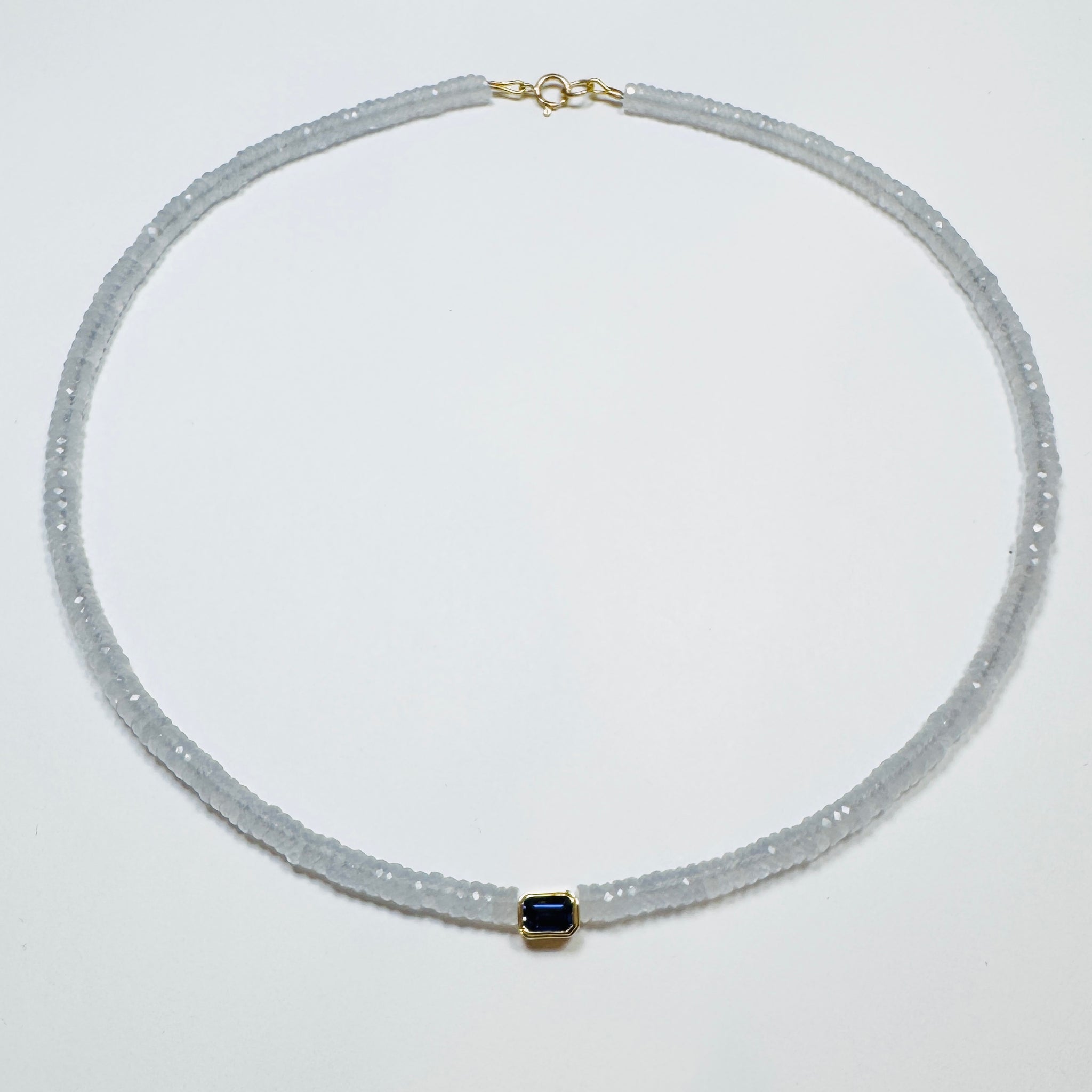 lavender chalcedony heishi necklace with bezel set iolite