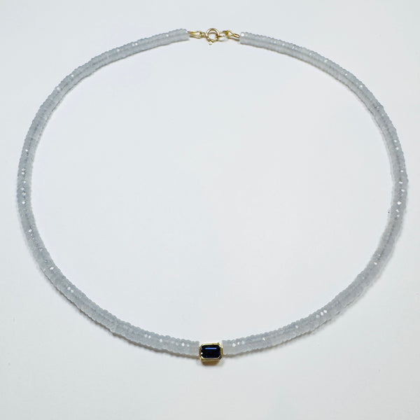 lavender chalcedony heishi necklace with bezel set iolite