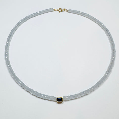 lavender chalcedony heishi necklace with bezel set iolite