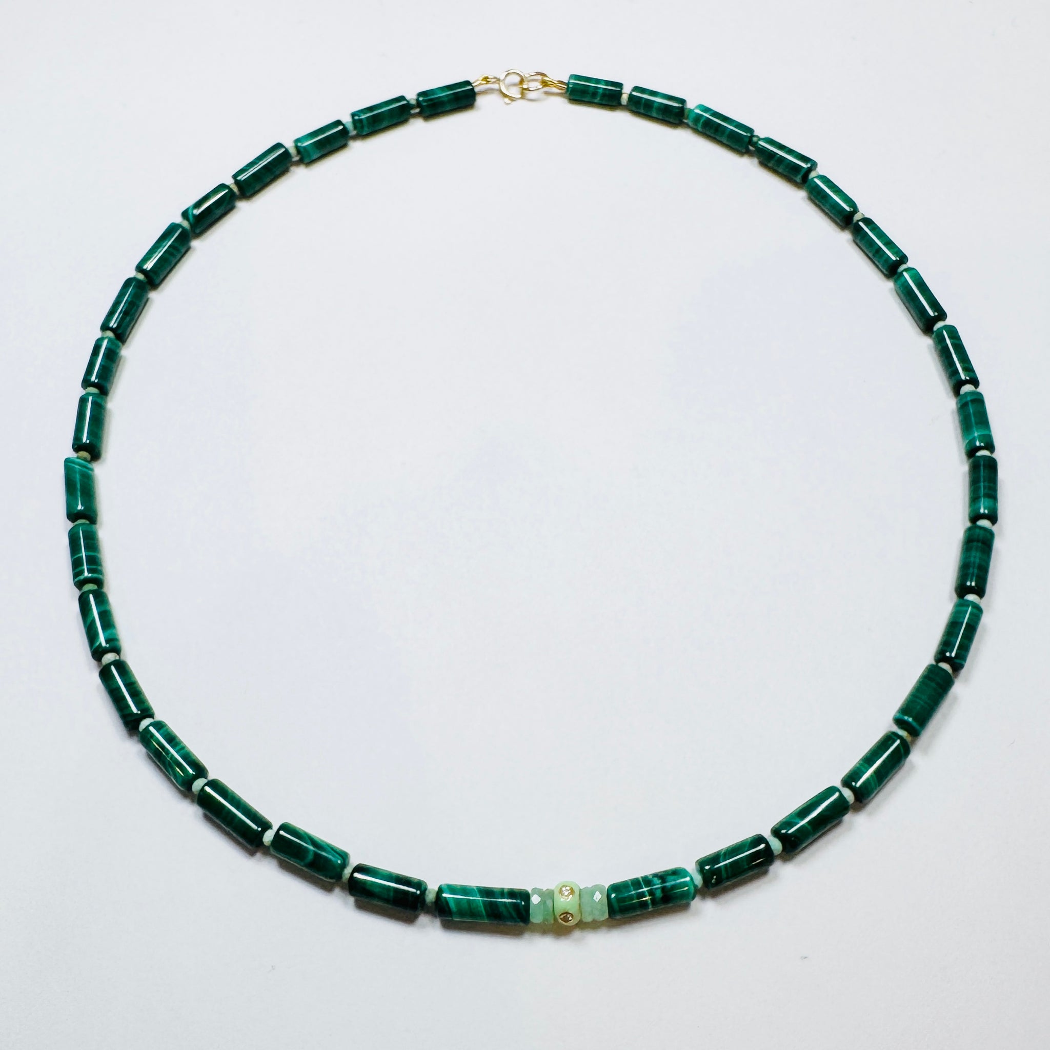 malachite, chrysoprase, and diamond barrel bead necklace