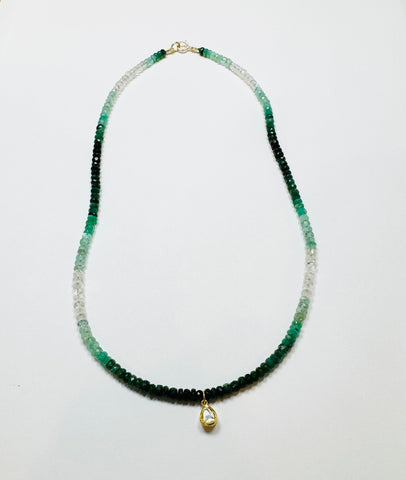 shaded emerald necklace with rough cut diamond teardrop charm
