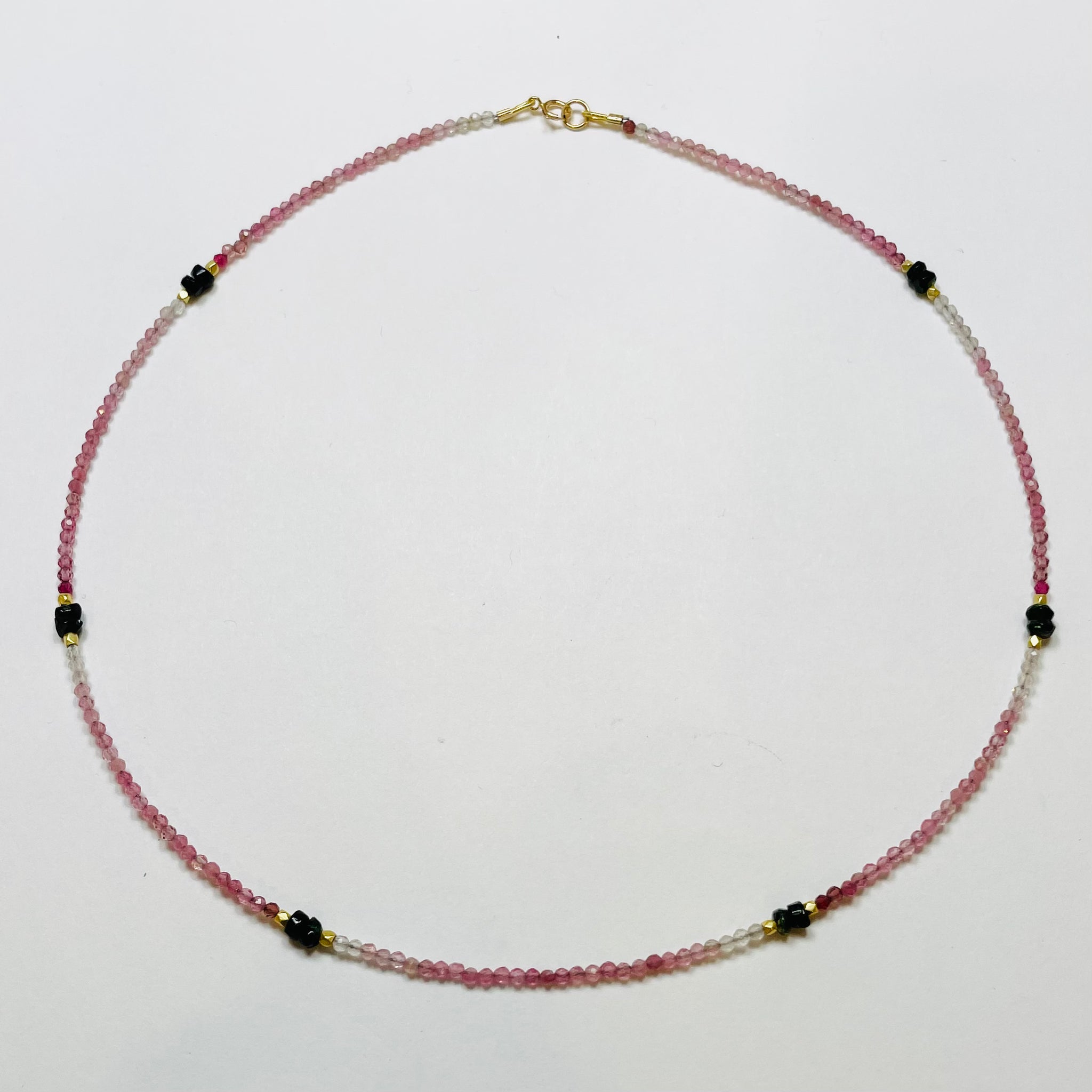 delicate shaded pink sapphire necklace with green onyx and gold nuggets