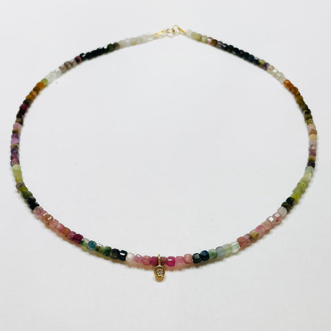 delicate block tourmaline necklace with bezel diamond charm