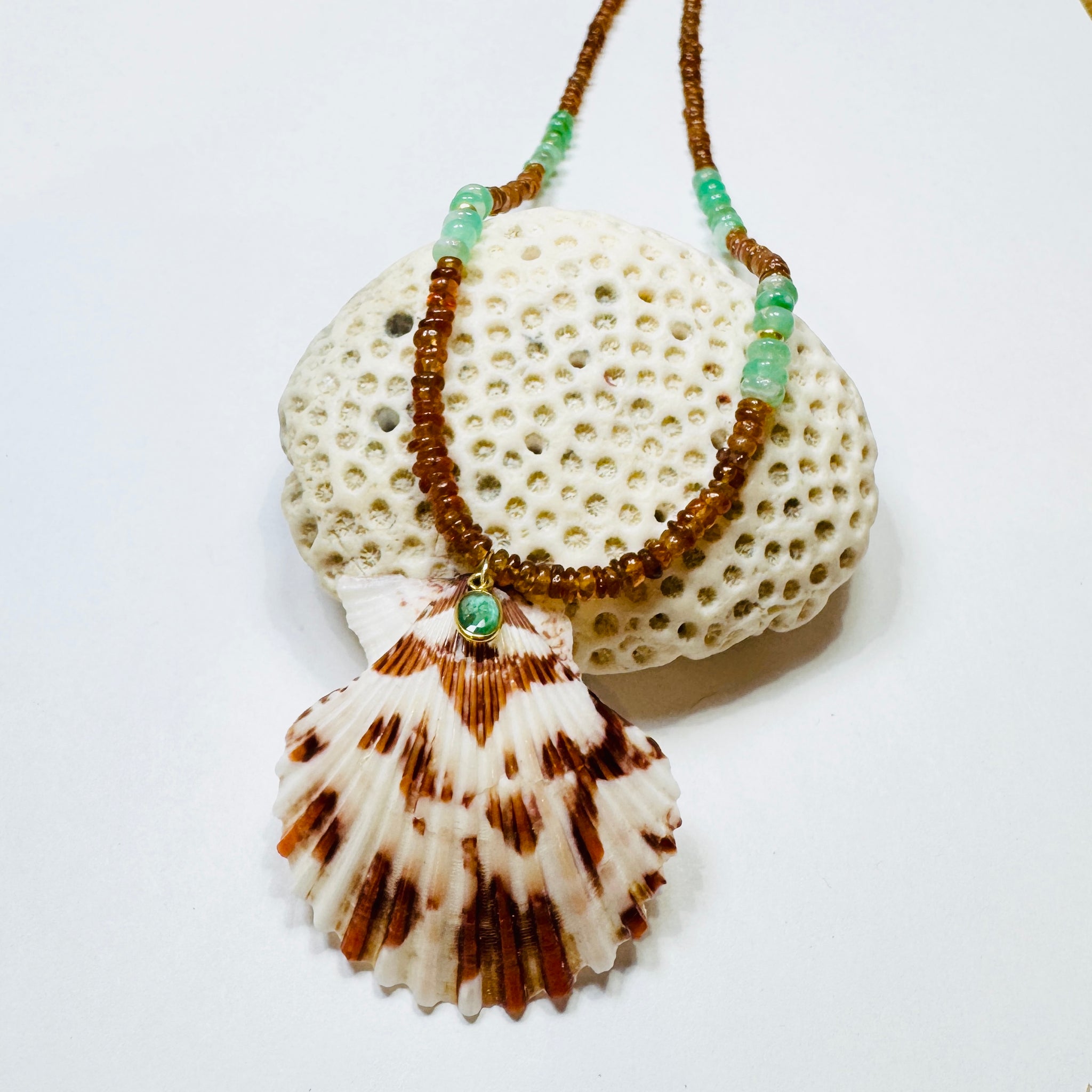 Hessonite garnet necklace with chrysoprase shell pendant