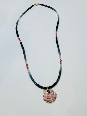 shaded blue and pink sapphire necklace with shell pendant