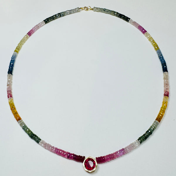 sapphire heishi necklace with ruby