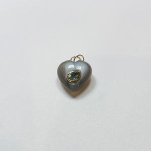puffy labradorite heart pendant with 14 kt gold bezel aquamarine