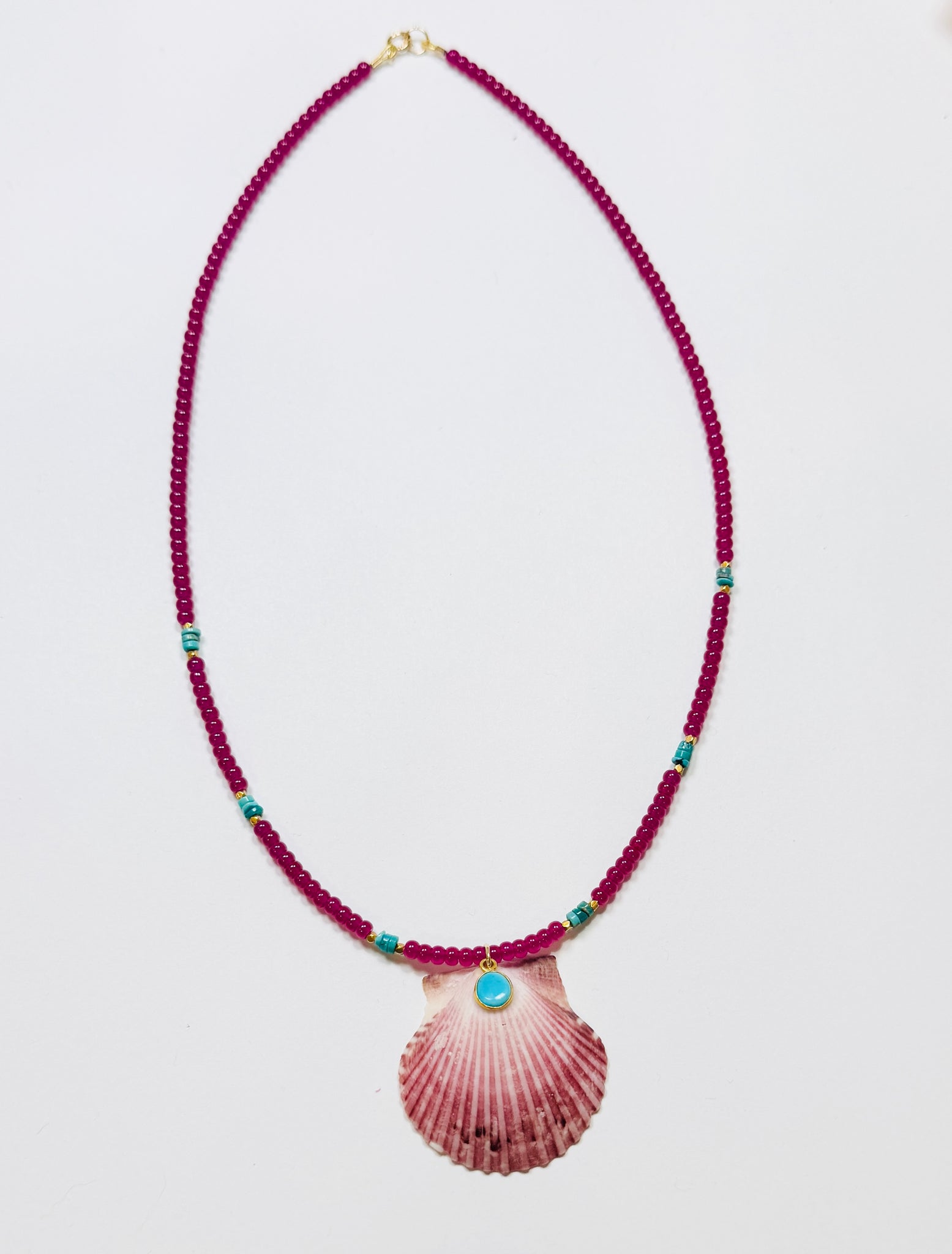 ruby and turquoise necklace with shell pendant