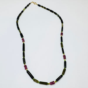 tube tourmaline necklace with garnet heishi, five station