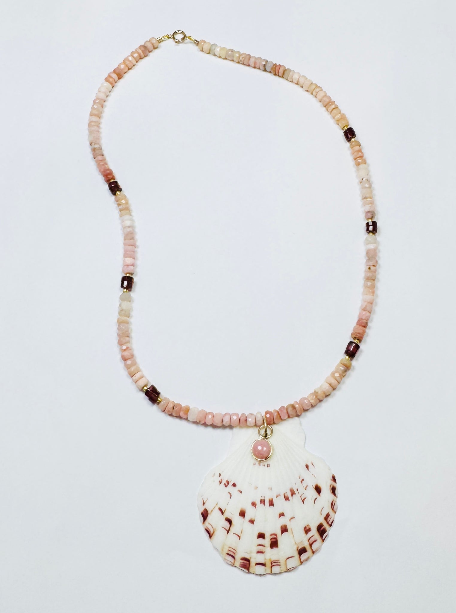 pink opal necklace with shell pendant