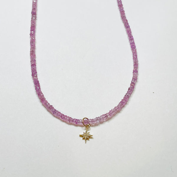 pink sapphire heishi with starburst charm