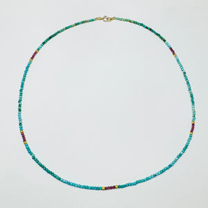 delicate shaded turquoise necklace with ruby and gold nuggets