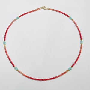 delicate rhodochrosite necklace with turquoise chalcedony and gold nuggets