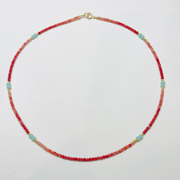 delicate rhodochrosite necklace with turquoise chalcedony and gold nuggets