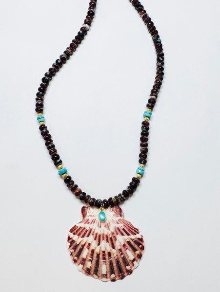 purple spiny oyster and turquoise necklace with shell pendant