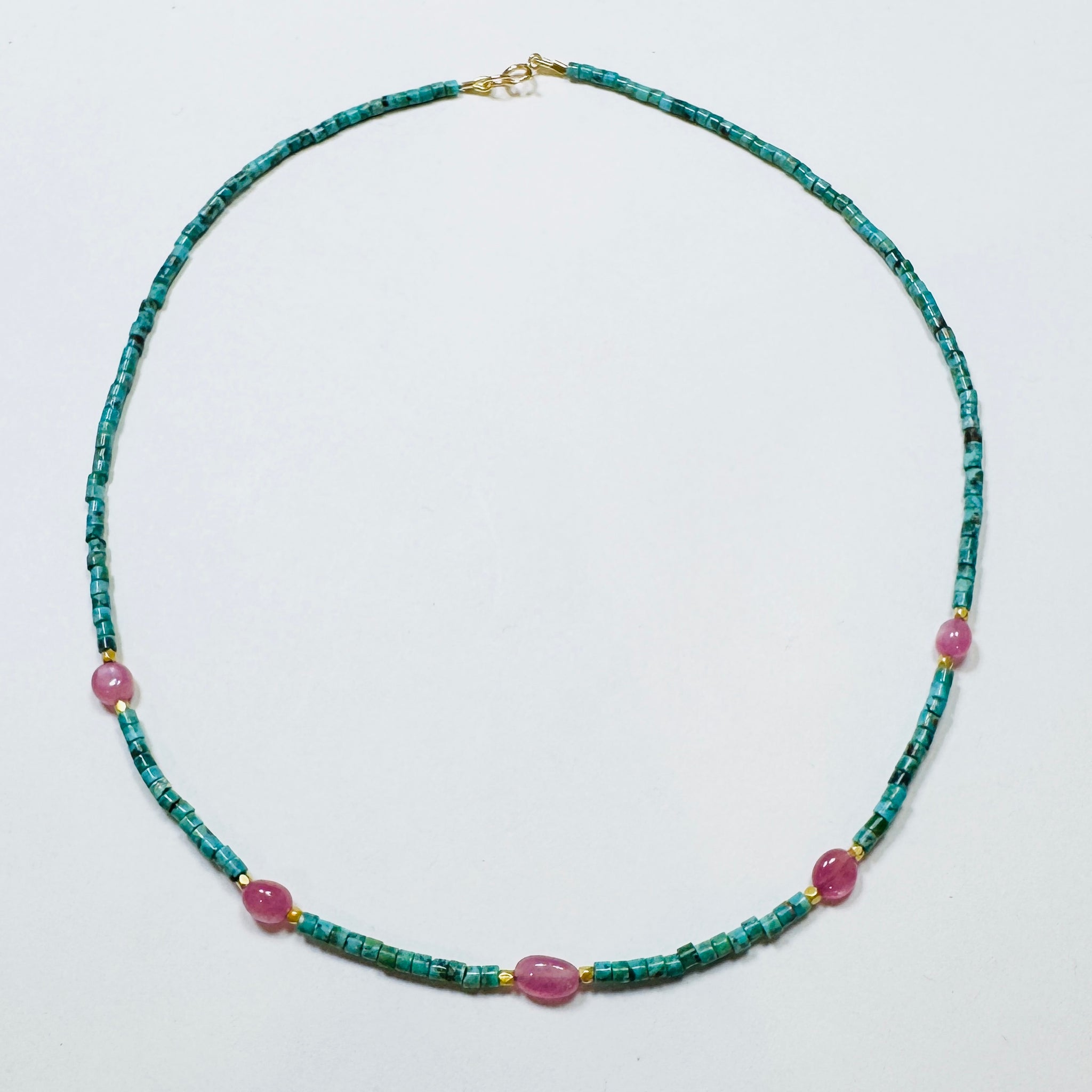delicate with tube turquoise, pink sapphire, and gold beads