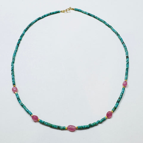 delicate with tube turquoise, pink sapphire, and gold beads